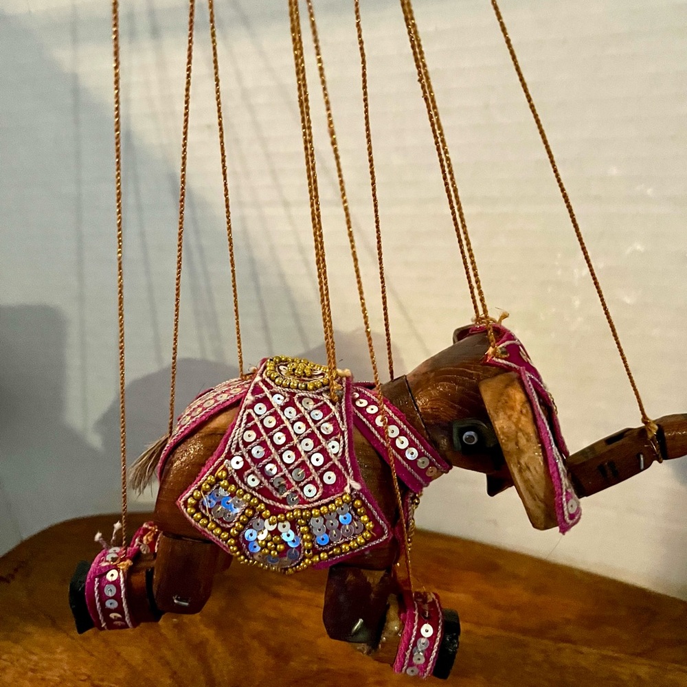 Artisan Wooden Elephant Puppet with Pink and Gold Accents